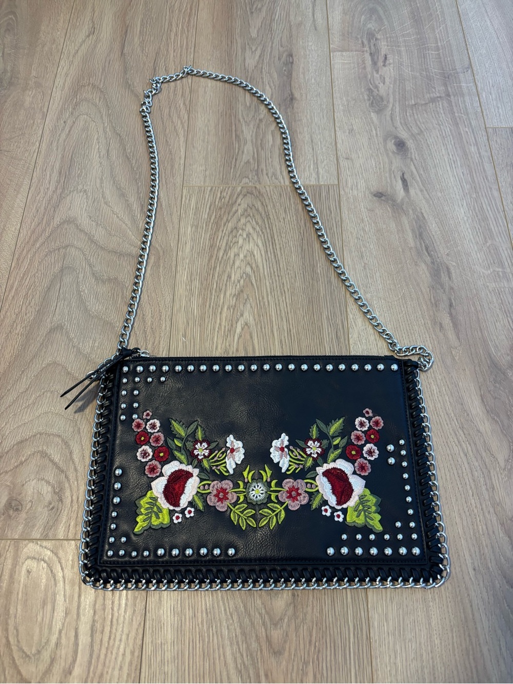 Harlow Black Floral Embroidered Studded Chain Shoulder Clutch Bag Purse